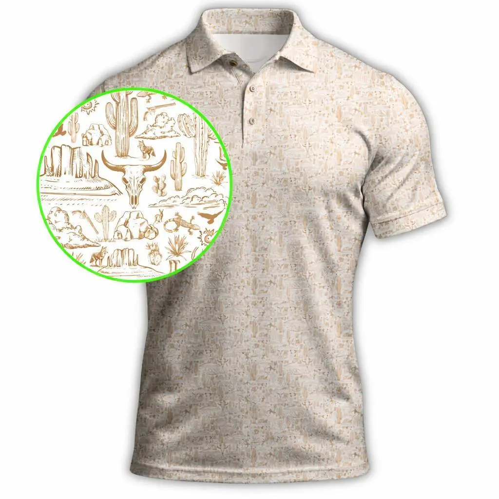 Bogey Bros Men White Copper Desert Polo Stylish Cactus Print Performance Breathable Comfy Golf Shirt