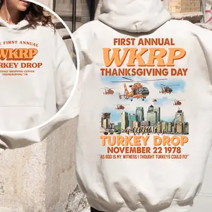 Wkrp Thanksgiving Day Turkey Drop Hoodie - Happy Thanksgiving Soft Fabric Pullover Sweatshirt with Collar and Stretch Love, For Men