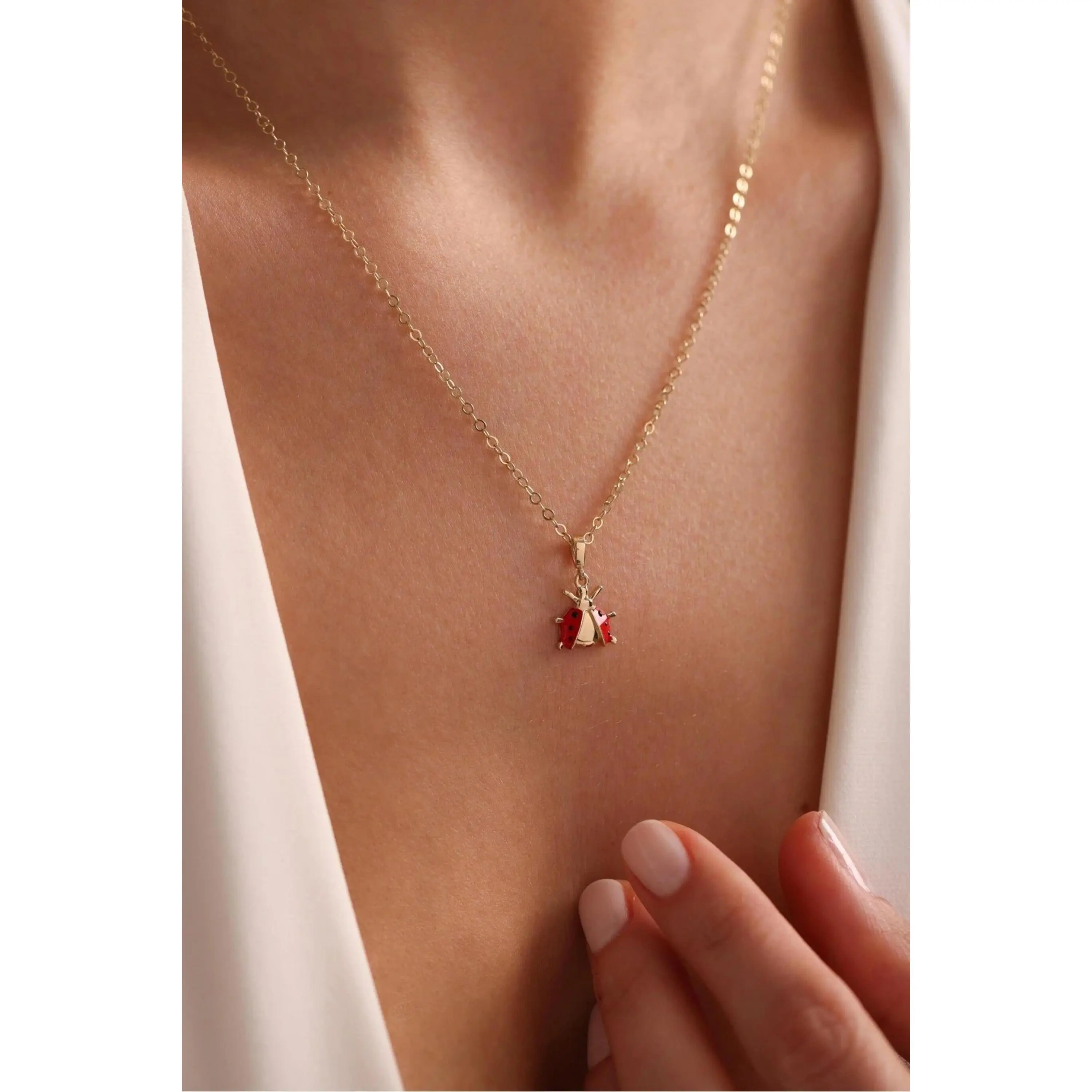 14K Gold Ladybug Necklace, Dainty Gold Necklace