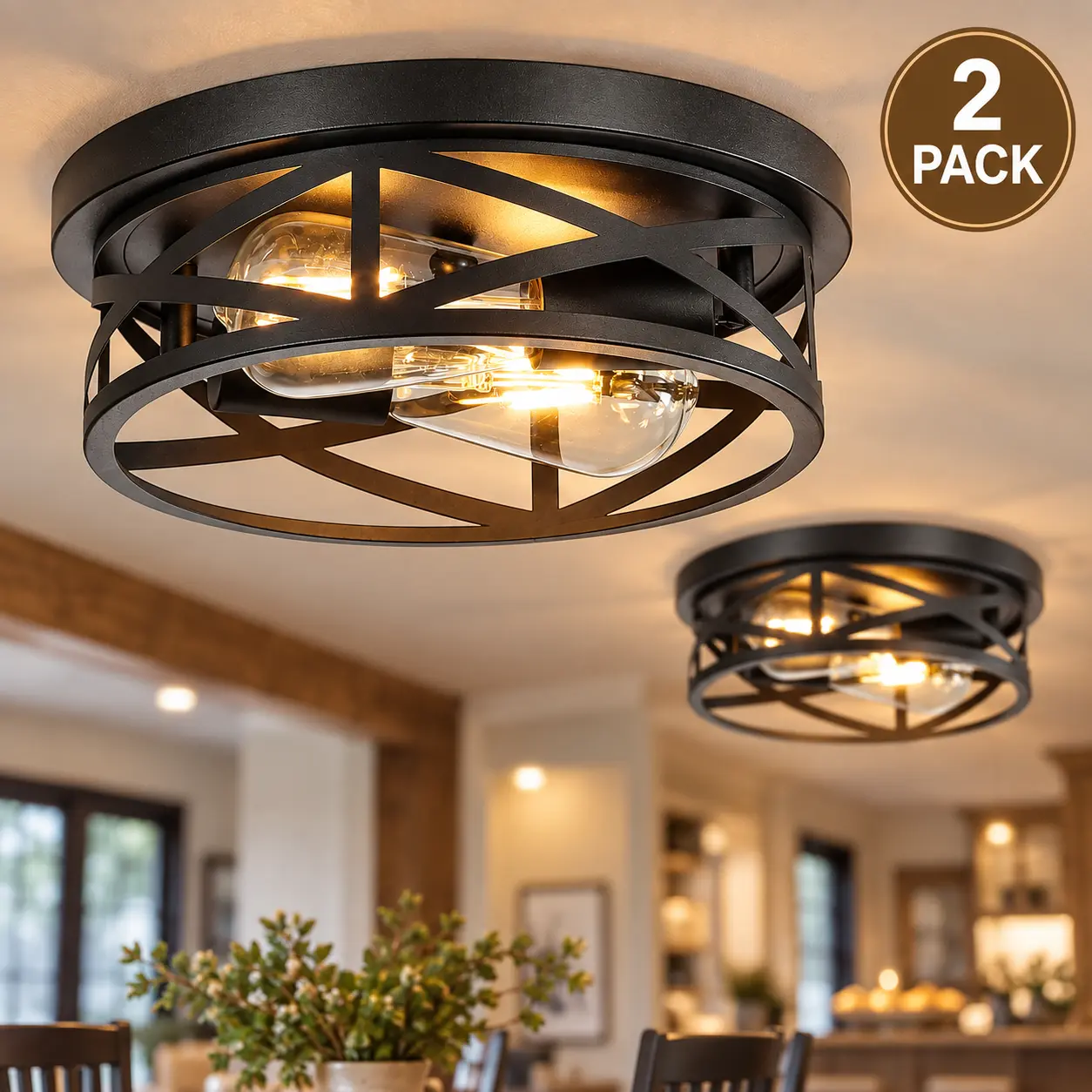 2-Pack, 2-Light Flush Mount Ceiling Light, Industrial Black Metal Cage Light Fixtures, 13 Inch Hallway Lighting Fixtures Ceiling for Hall, Hallway, Entryway, Kitchen, Bulb Not Included. Ceiling Light Fixture/Ceiling Lamps.（2-Pack）
