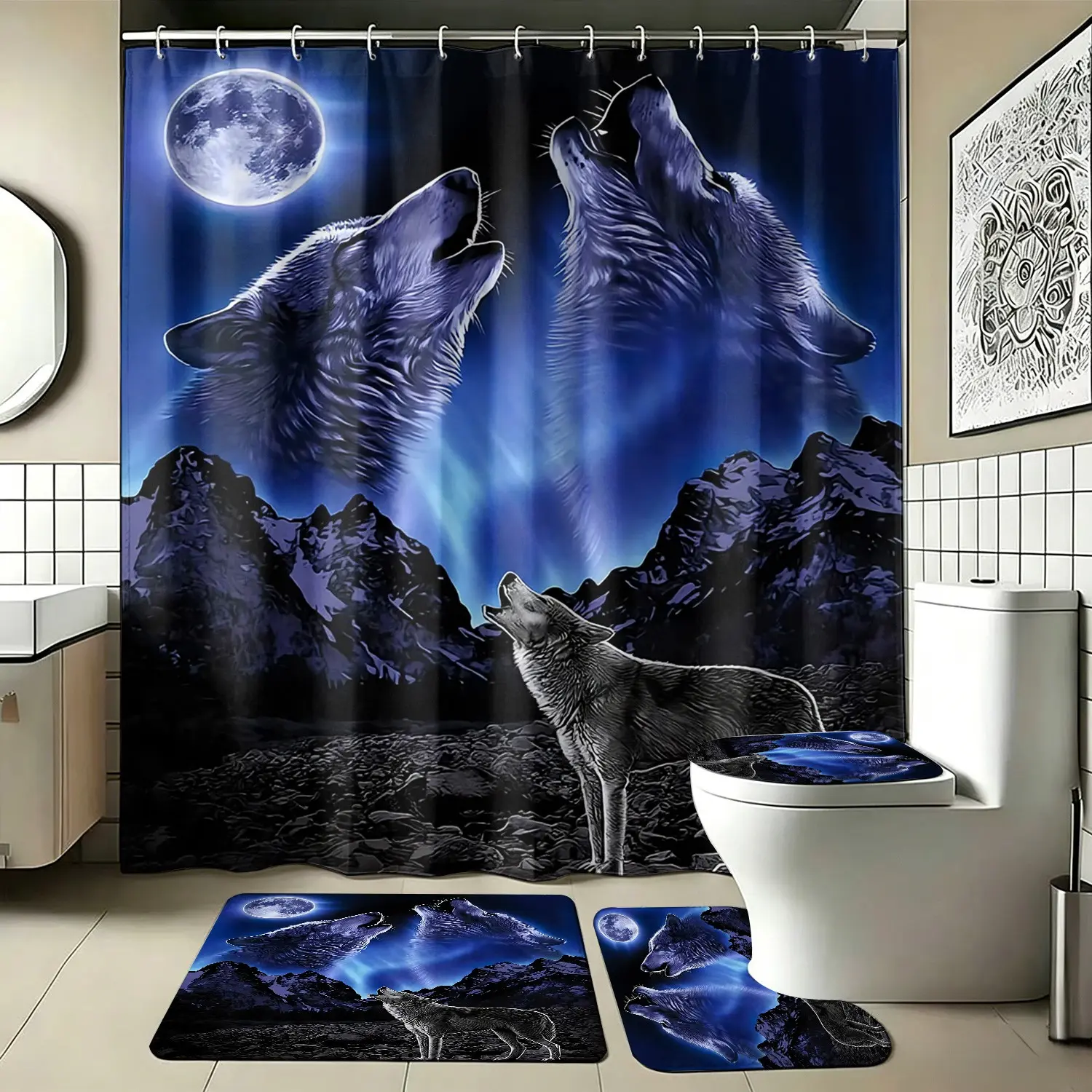 4pcs Mystic Moonlight Wolf Shower Curtain & Rug Set, Artistic Nocturnal Forest Decor,The floor mat fabric is thicker and softer!  Elegant Home Refresh for Holidays