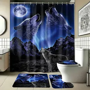 4pcs Mystic Moonlight Wolf Shower Curtain & Rug Set, Artistic Nocturnal Forest Decor,The floor mat fabric is thicker and softer!  Elegant Home Refresh for Holidays