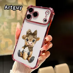 Phone Case for iPhone 17 16 Pro Max 15 Plus 14 13 12 11 E Air Leopard Bow Calf Patterned Four Corner Airbag Electroplated Anti-Collision Protection Smartphone Cover