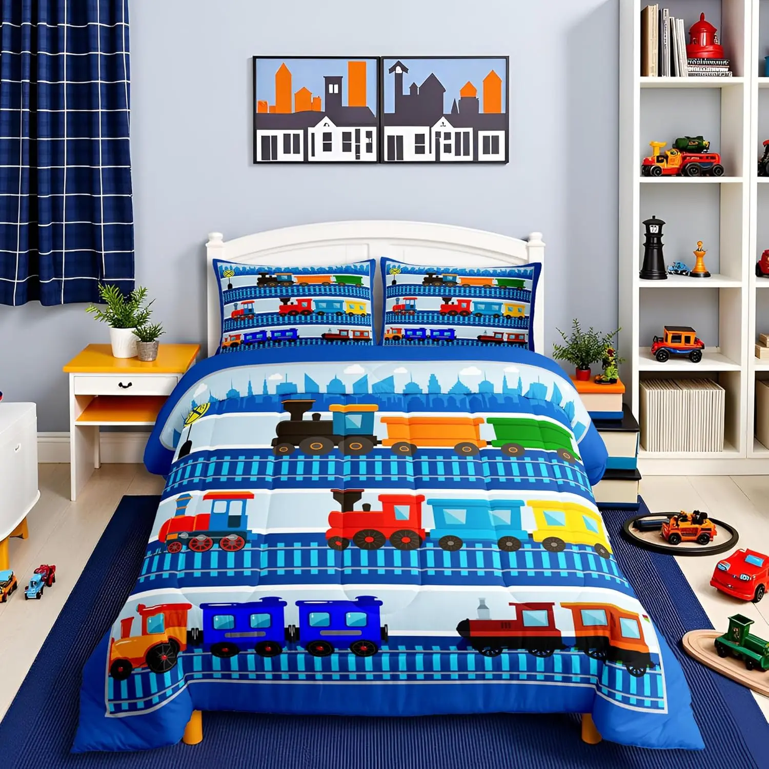 Cartoon Train Comforter Set,Kids Train Bedding,Colorful Vehicles Car Boys Bed in a Bag,City Road Train Tracks Quilt Sets