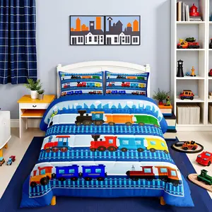 Cartoon Train Comforter Set,Kids Train Bedding,Colorful Vehicles Car Boys Bed in a Bag,City Road Train Tracks Quilt Sets