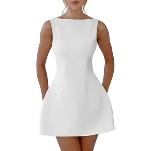 Women's Chic Elegant Sleeveless Crew Neck Backless A-line Formal Wear Short Mini Dress for Lady Sports & Outdoor Clothes