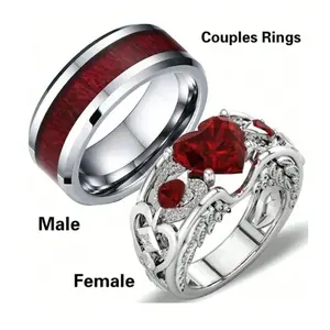 Couple Heart Ring Set – Red Gemstone Matching Rings for Him & Her, Romantic Statement Jewelry