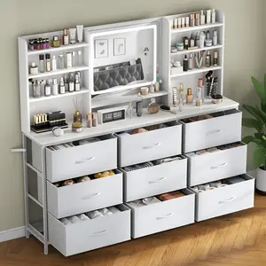 Storage Cabinet with 9 Fabric Drawers, White 9-Drawer Dressing Table, Makeup Desk with Large Mirror and LED Lights, 8-Layer Storage Rack Dressing Table, Bedroom Dressing Table, 3 Lighting Modes vanity mirror vanity accessories