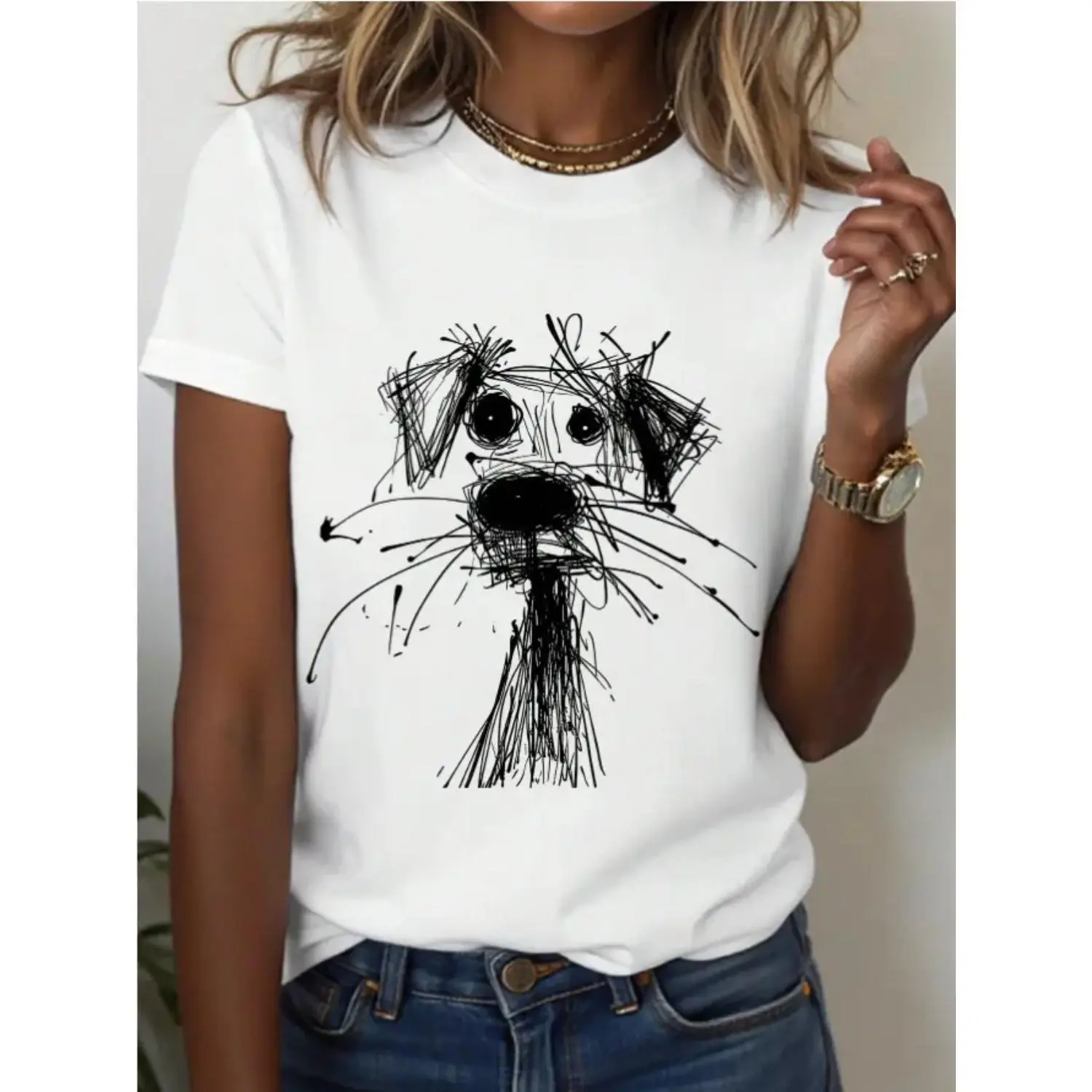 Women's Puppy Doodle Print T-Shirt, Casual Oversized Loose Fit Top in Heavyweight Cotton with a Round Neck