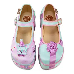 Hot Chocolate Design Birthday Buddies Women's Mary Jane Platform Pastel Party Print Wedge with Non-Marking Rubber Sole & Adjustable Buckle Strap