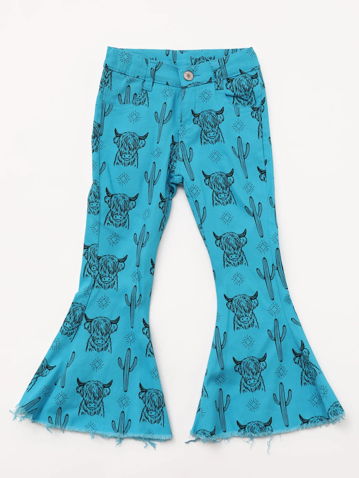 Western Blue Cow Print Denim Stretchy Bell bottoms pants Girls jeans, Flared Pants