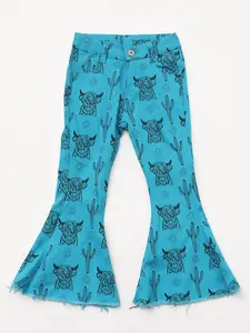 Western Blue Cow Print Denim Stretchy Bell bottoms pants Girls jeans