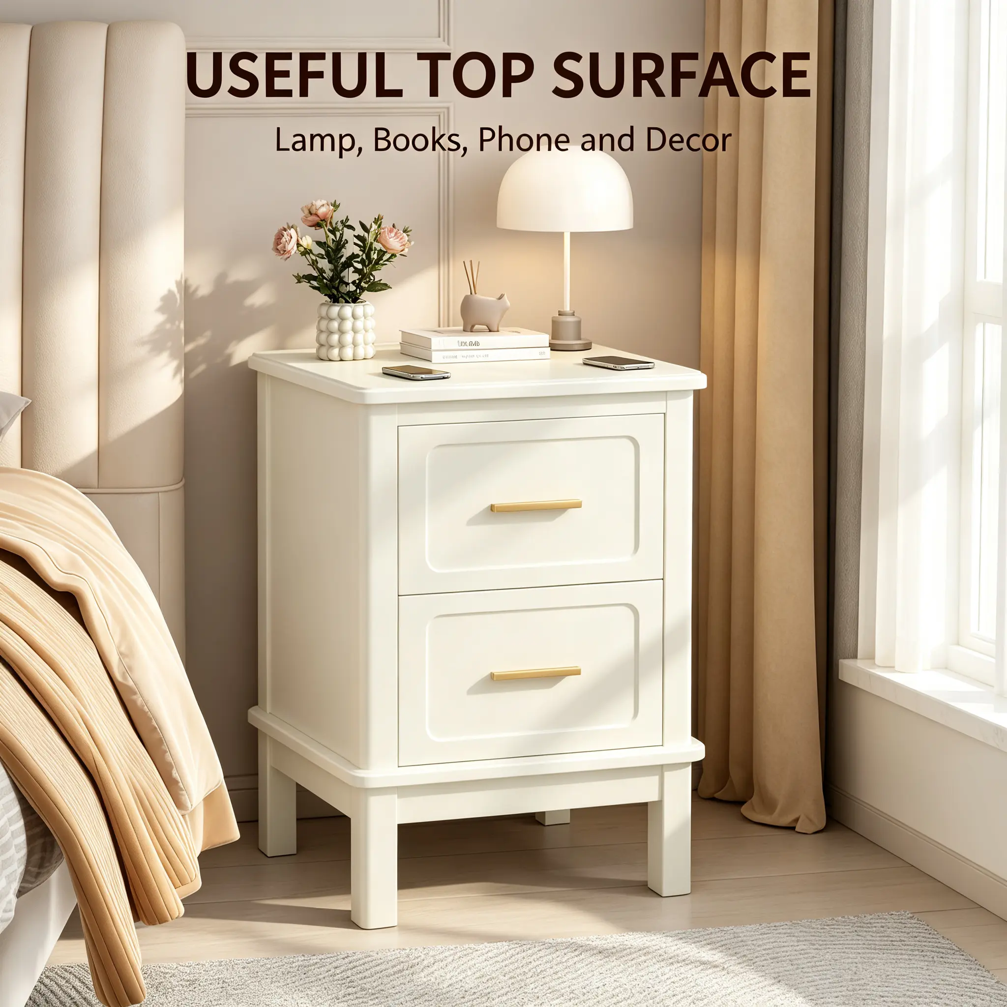 2-Drawer Off White Modern Bedroom Bedside Table with Gold Handles, Sturdy Wood Accent Table for Small Spaces, Living Room