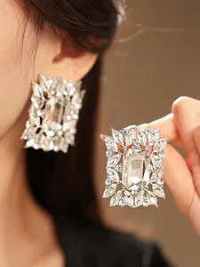 Elegant 925 Silver Leaf Earrings, Geometric Long Rectangle Design, Sparkling Rhinestones, Women's Fashion Jewelry, Perfect Gift Idea