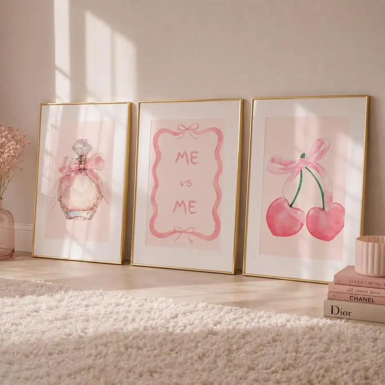 Trendy Pink Bows Wall Art Set of 3, Blush Bows Home Decor Trio, Chic Wall Art Preppy poster, College Apartment Decor, Watercolor Bows , coquette room decor, Girly Wall Art