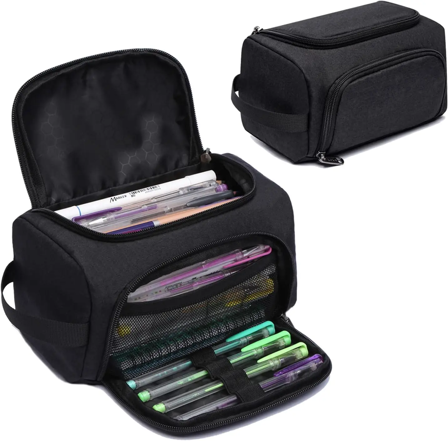 Pencil Case, Extra Large Capacity Pencil Case Organizer, Multifunctional Pencil Pouch with Compartmens, Travel Simple Stationery Bag, Nylon Pencil Bag for Adults - Black