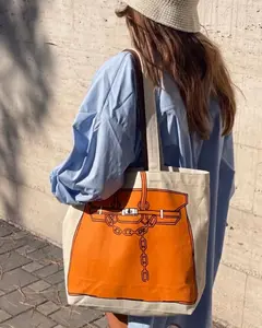 Designer Inspired Printed Tote Bag – Birkin Bag Drawing Canvas Shopper for Everyday Use