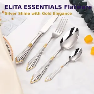 ELiTA Essentials 24-Piece Silver with Gold Accents Flatware Set, 18/10 Stainless Steel Silverware, Service for 6, Luxury Cutlery and Tableware Set