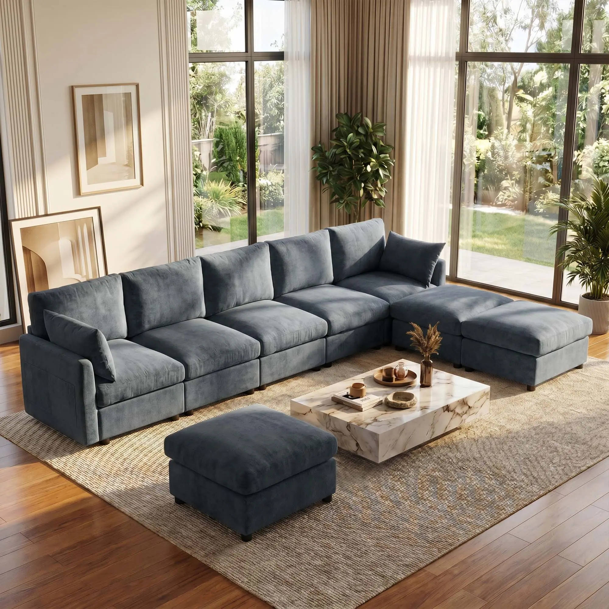 Tbfit 5-Seater Modular L-Shaped Sectional Cloud Couch - Chenille Deep-Seat Modern Sofas Living Room Furniture with 3 Movable Ottomans, Spring Cushions, Flexible Layout, Grey Indoor Lounge Sectional Couch