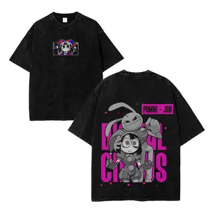 Digital Circus Pomni & Jax Graphic T-Shirt for Men, Oversized Streetwear Tee in Heavyweight Washed Cotton, Casual Round Neck Top