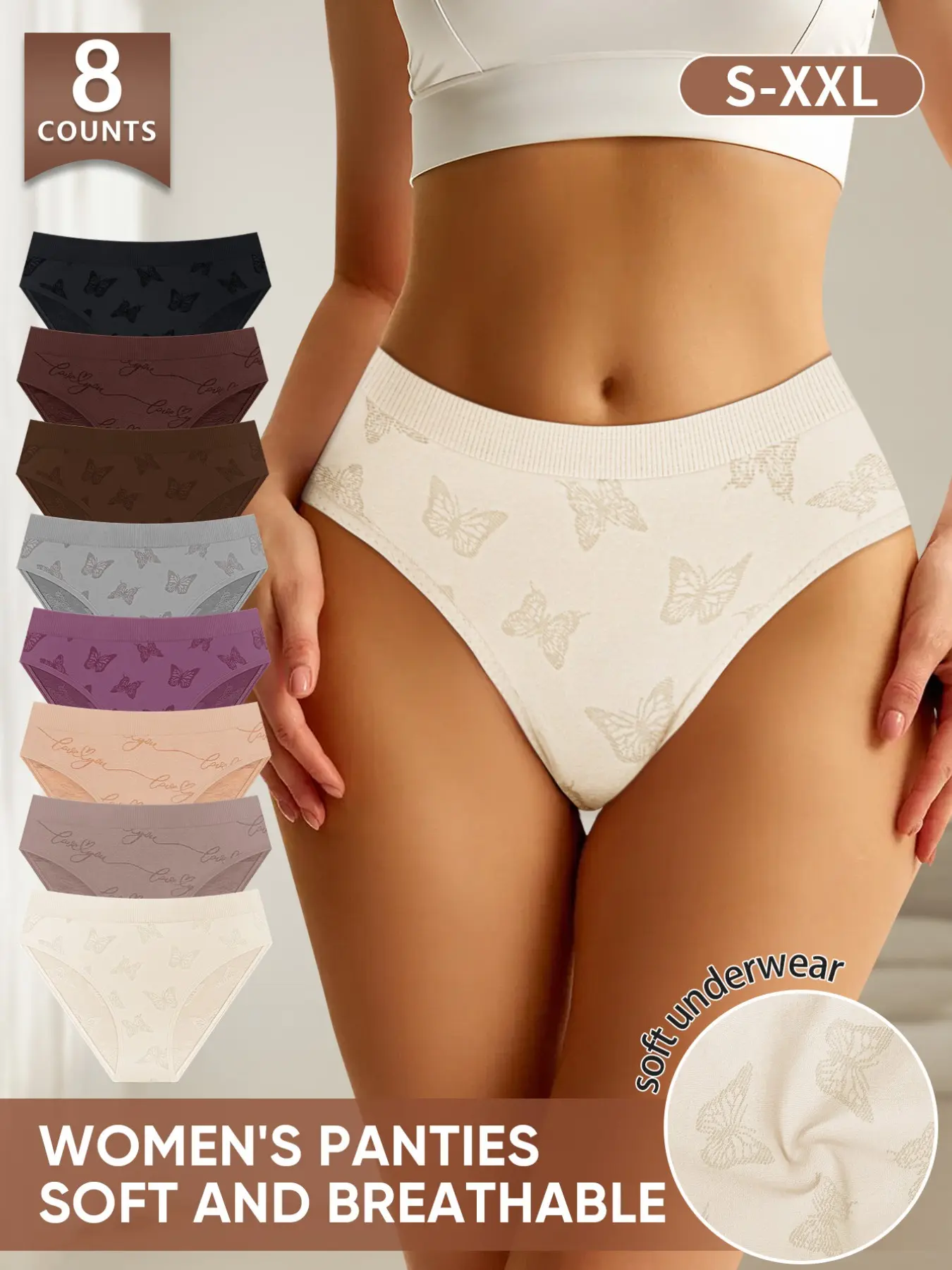 Morelect Women's Daily Underwear Intimates Set, 8 Pcs Butterfly Print Triangle Buttery Soft Panties, Comfortable Soft Breathable Fitted Lingerie, Sizes S-Xxl
