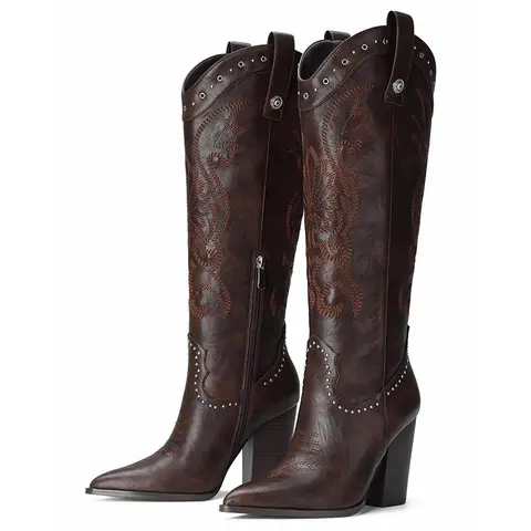 FEMFLAME Women's Western Cowgirl Boots - All Seasons, Above the Ankle But Below the Knee, Bold Pointed Toe, Chunky Block Heel, Pull-On, Embroidery, Wide Calf, Breathable, Antislip Wood Grip, Casual Synthetic Leather Footwear