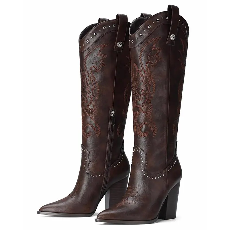 Knee High Cowboy Boots for Women Pointed Toe Chunky High Heels Pull-on Embroidered Boots Western Boots Wide Calf Cowgirl Boots Footwear cowgirl boots boots for women