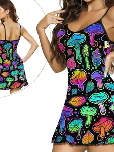 Women's Psychedelic Mushroom Print Sleep Dress, Casual Loose Knit Robe for All Seasons, Breathable Soft Fabric, Long Elegant Nightgown for Home Wear, Nightwear, Loungewear