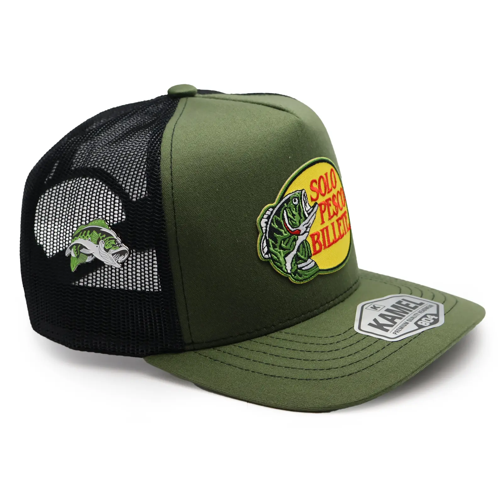 Solo Pesco Billete Olive Green & Black Mesh Snapback Hat w/ Green Bass Pin | High Crown Ranchero Chido Cap