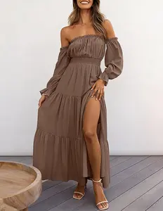 Women's 2026 Boho Sexy Off Shoulder Long Sleeve Smocked High Waist Side Split Flowy A Line Tiered Long Maxi Dress Solid Color Mother's Day gift