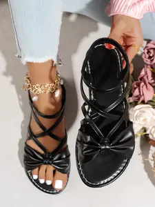 Women's Fashion Interlocking Sandals with Elegant Bowknot and Cross Strap Design, Comfortable Breathable PU Leather, Versatile for Various Occasions