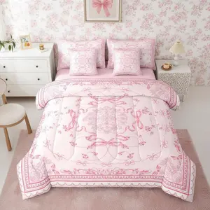Coquette Bows 7 Pcs Comforter Set,Girls Pink Aesthetic Bow Tie Bedding Set,| Vintage Cottagecore Sheet Set with Comforter Bohemian Bowknot Floral Tribal Quilt Farmhouse Room Decor