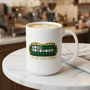 Classic Glossy Coffee Mug, Funny Print Puzzle Mug with Hidden "I’d Like to Buy a Vowel" Meme Message, Humorous Gift Cup for Coffee or Tea