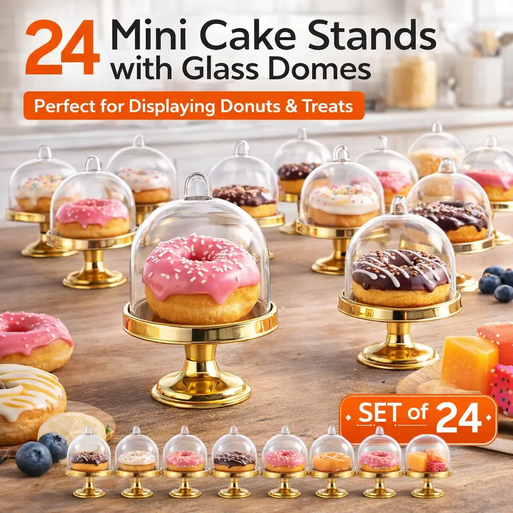 24 Pack Mini Cake Stands with Dome – Clear Display Racks for Donuts, Cupcakes, Desserts – Perfect for Parties, Weddings, Birthday Events, Candy Buffet