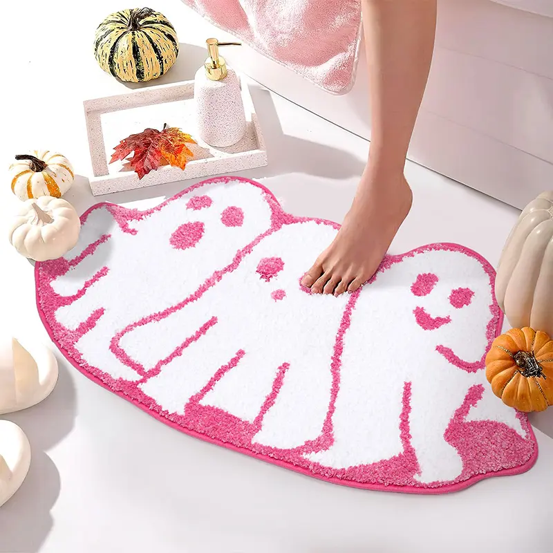 Pink Halloween Bath Mat Ghost Tufted Rug Goth Spooky Bathroom Mat Nonslip Bathroom Rugs Non-Slip Floor Bathmat for Indoor Kitchen Bedroom Plush Rug Soft Absorbent Bath Tub Carpet Halloween Supplies