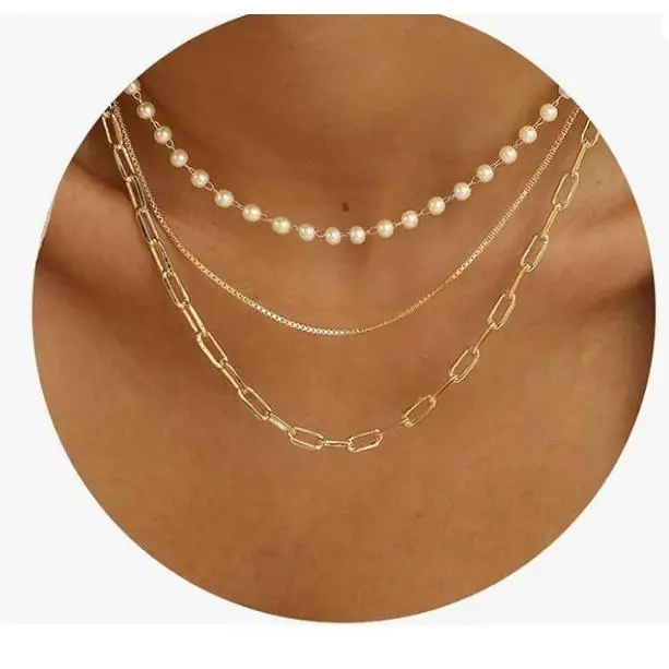 Golden pearl necklace, box necklace, pap