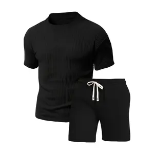 Men's Premium Ribbed Knit 2‑Piece Tracksuit Set, Luxury Stretch Slim‑Fit Short Sleeve Crew Neck T‑Shirt & Drawstring Elastic Waist Casual Shorts, Designer Breathable Lightweight Summer Loungewear Outfit for Gym, Daily Commute, Streetwear & Casual Daily We