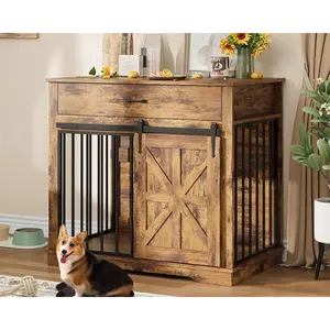 Garvee Modern Farmhouse Style Dog Crate Furniture - 37.8" Wooden Kennel with Sliding Barn Door & Storage Drawers | Decorative Indoor Pet Cage End Table & Side Table | Sturdy Iron-Wood Dog House Cabinet for Large Medium Dogs | Space-Saving Home Decor