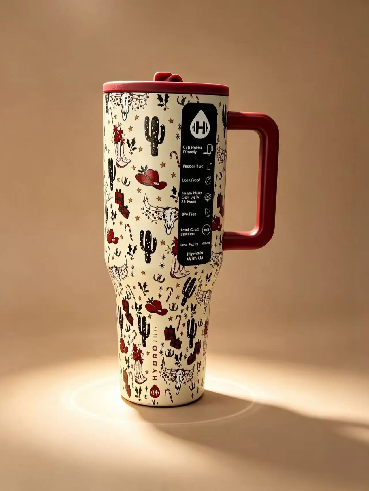 HydroJug 40oz Cowboy Print Christmas Vacuum Flask - Leak-Proof, Anti-Scalding Stainless Steel Insulated Tumbler with Comfortable Grip Handle, Casual Western Holiday Design, Large Capacity Bottle for Iced Coffee, Outdoor Activities, Father's Day Gifts, Nov
