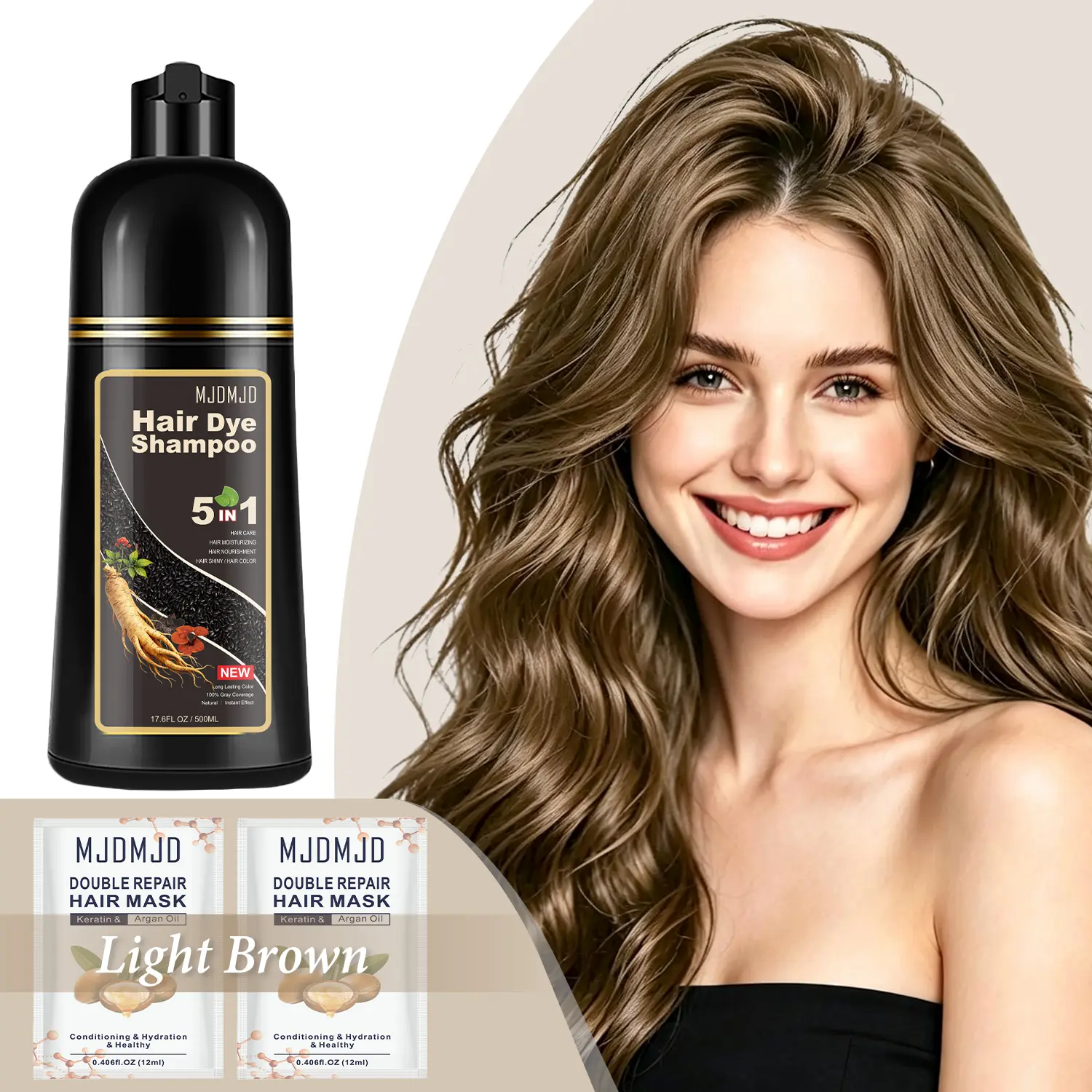 Light Brown 5-in-1 Hair Dye Shampoo for Gray Coverage, Natural Brown Hair Color Shampoo for Women & Men, Colors in Minutes, Gentle Conditioning, Long-Lasting Color, Easy At-Home Use, 500ml