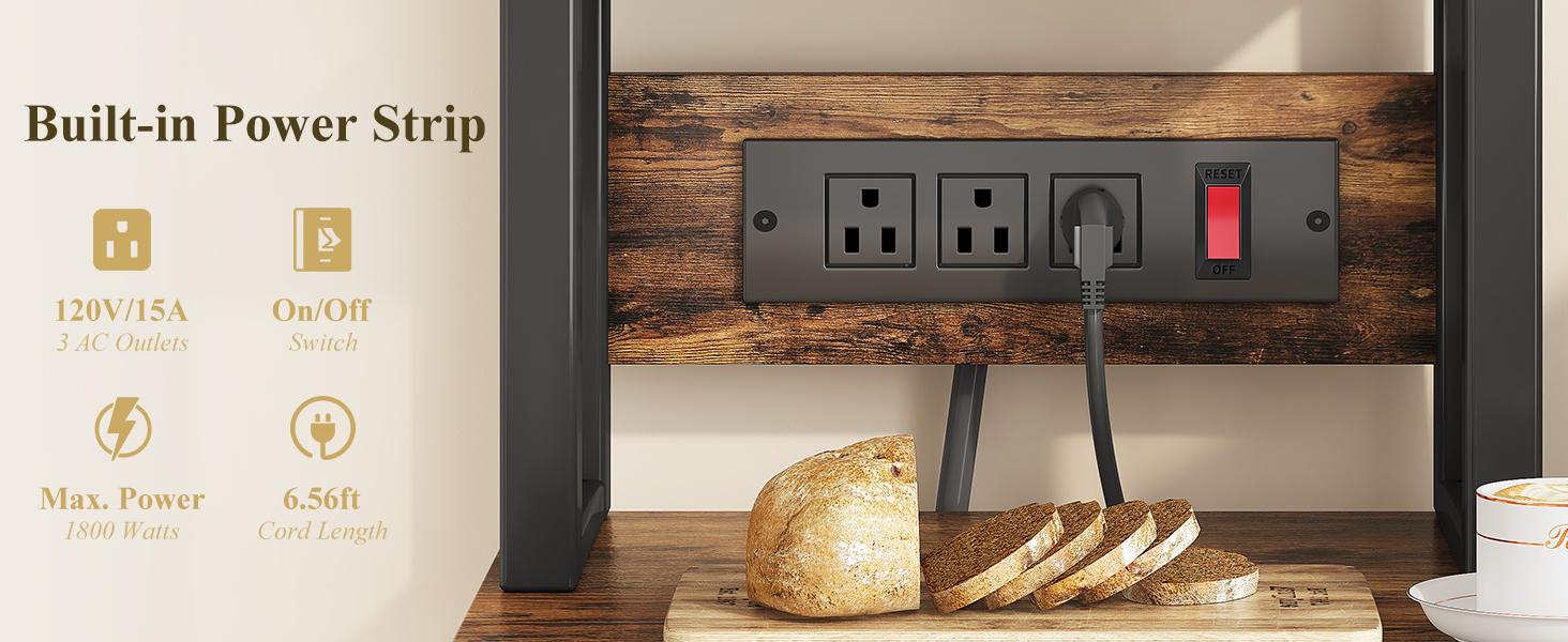 SNTD Baker Rack with Power Outlet - Microwave Stand with Storage, Large Coffee Bar Station with 14 Hooks, Metal Kitchen Shelf Rack for Spices, Pots (Rustic Brown) | with Power Outlet, with Storage, with 14 Hooks, for Spices, for Pots