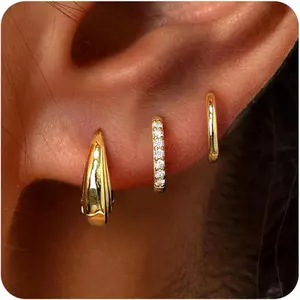 Small Sterling Silver Huggie Hoop Earrings Set for Women, Hypoallergenic 14K Gold Plated Hoops Stacks for Multiple Piercings, Dainty Cute Mini Lightweight Cartilage Studs Trendy Jewelry Gift-USA