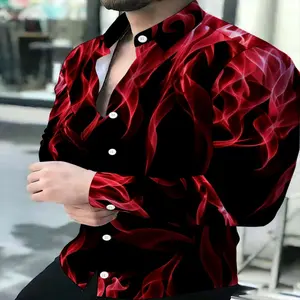 Menswear Flame Pattern Long-Sleeve Shirt - Polyester Fabric Casual Fashion Top for Men, Black & Red Color Options, Trendy Longsleeves Outerwear