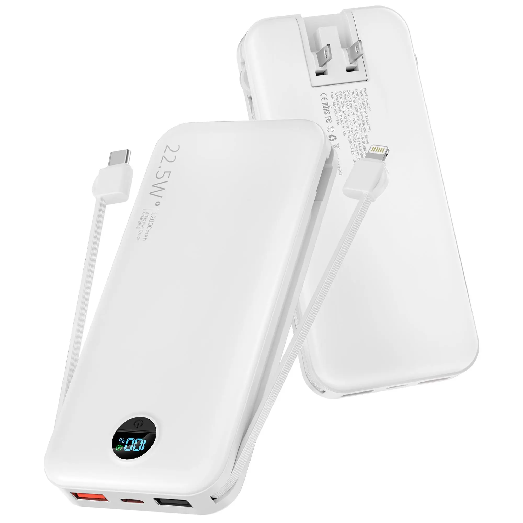 12000mAh Power Bank with Built-in 2 Self-cables, 1 Count SCP22.5W PD20W Fast Charging Power Bank with Type-C Output/Input & LED Digital Display Screen