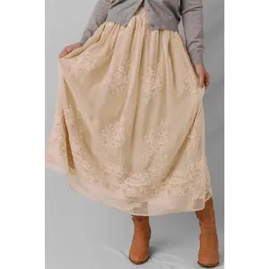 Oatmeal Embroidered Mesh Overlay Flowy Long Skirt