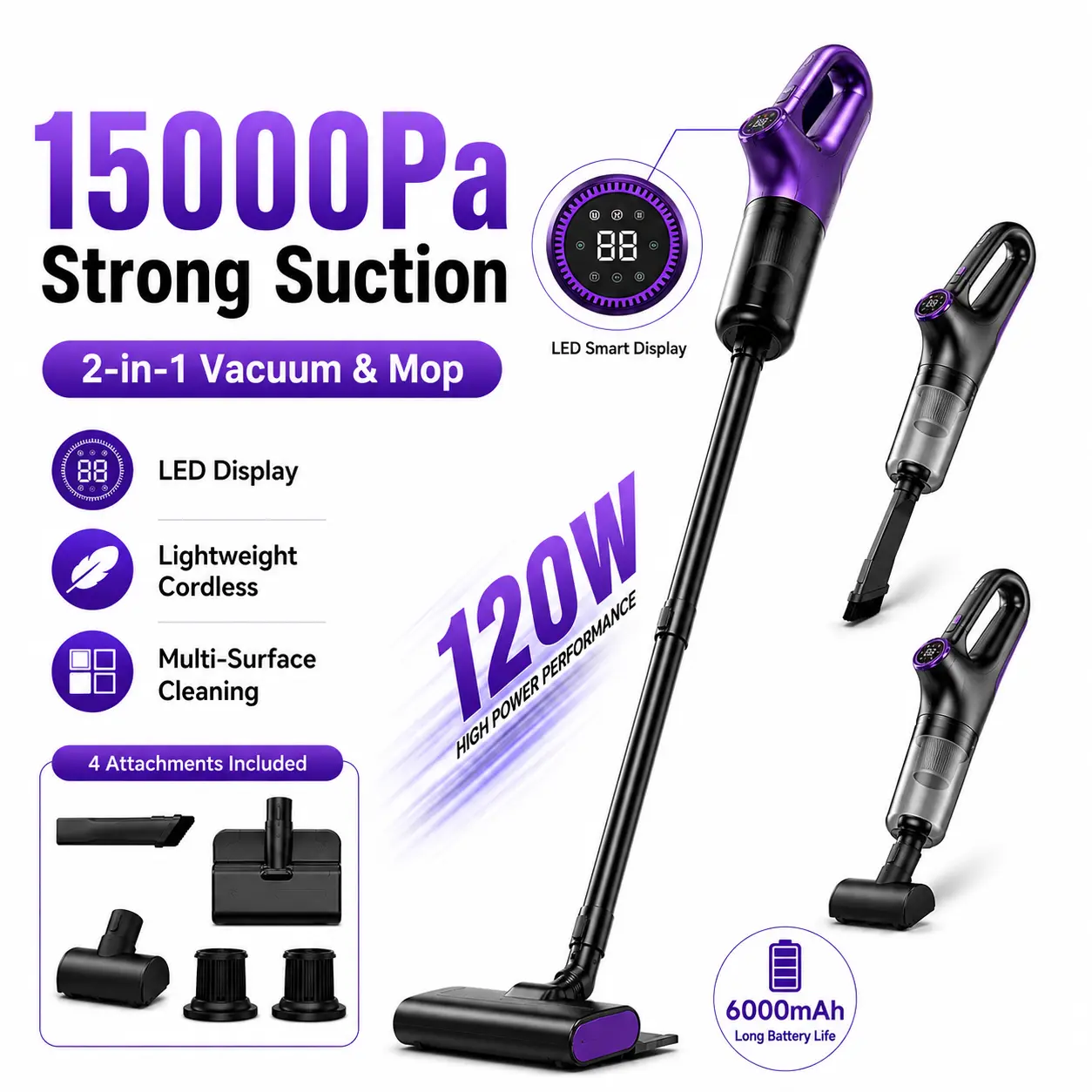 6-in-1 Stick Vacuum Cleaner Set, TikTok Viral Cordless Vacuum Cleaner, Lightweight Power Sweeper with Strong Suction & LED Display, 15000Pa Cordless Powerful Vacuum Cleaner for Pet Hair, Crumbs & Everyday Mess