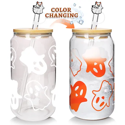 18oz Reusable High Borosilicate Glass Water Bottle Cup Mug - White to Orange Color Changing Ghost Decor 1 Ghost Jar, Bamboo Lid, Silicone Straw Cap, Cover, All Year Party-Ready Kitchenware Gift Drinkware