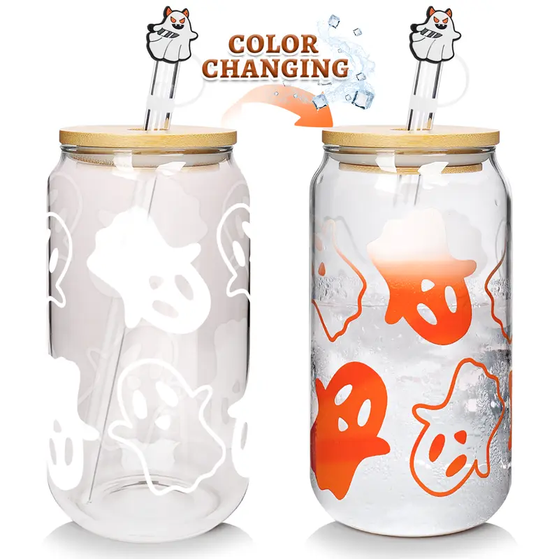 18oz Reusable High Borosilicate Glass Water Bottle Cup Mug - White to Orange Color Changing Ghost Decor 1 Ghost Jar, Bamboo Lid, Silicone Straw Cap, Cover, All Year Party-Ready Kitchenware Gift Drinkware