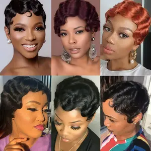 ShowReal Pixie Cut Wigs Short Finger Wave Wig Brazilian Virgin Human Hair Wigs Straight Machine Made None Lace Hair Mommy Hair for Black Women