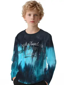 Tie-dye letter trendy digital printed long-sleeve crewneck drop-shoulder sweatshirt top T-shirt, boys' long-sleeve T-shirt for spring and autumn, 100% polyester, the best gift for boys